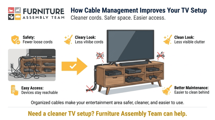 Furniture assembly ad showing tidy TV cable management with labels for safer, cleaner, easier access.