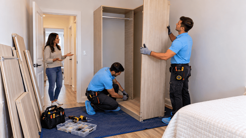 Two technicians assembling a tall wardrobe in a compact bedroom while a homeowner discusses placement from the doorway