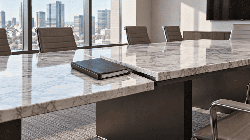 Modern conference room with marble table, chairs, and a city skyline view through large windows