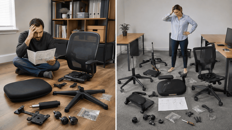 Before-and-after of a messy office chair assembly, with a man inspecting parts and tools scattered on the floor.