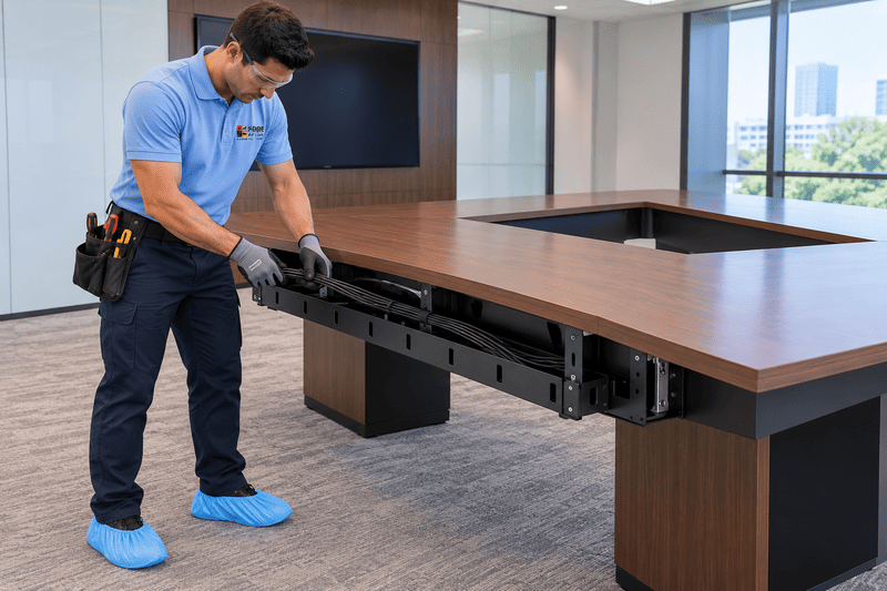 Technician in blue uniform installing a black drawer into a large conference table in an office.