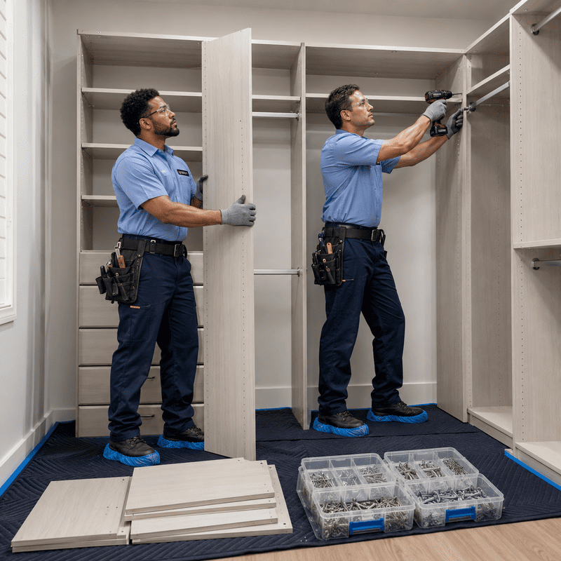 Two workers assembling light wood closet shelving in a room, with tools and stacked panels on the floor.