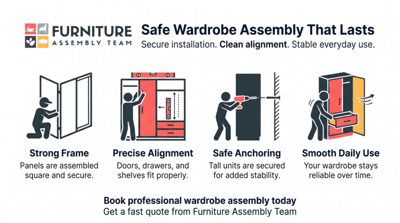 Furniture assembly ad with four safety tips, icons, and a red wardrobe illustration on the right.
