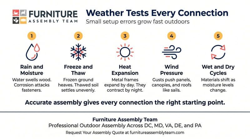 Furniture assembly weather test infographic showing rain, freeze-thaw, heat, wind and wet-dry cycles.