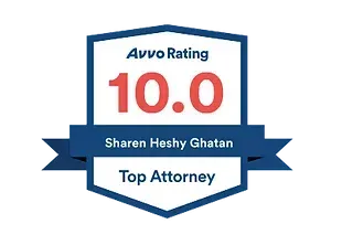 Avvo rating badge for Sharen Heshy Ghatan: 10.0 rating, "Top Attorney" text, blue and white design.