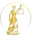 Golden statue of Lady Justice, holding scales and sword, within a light-yellow circle.