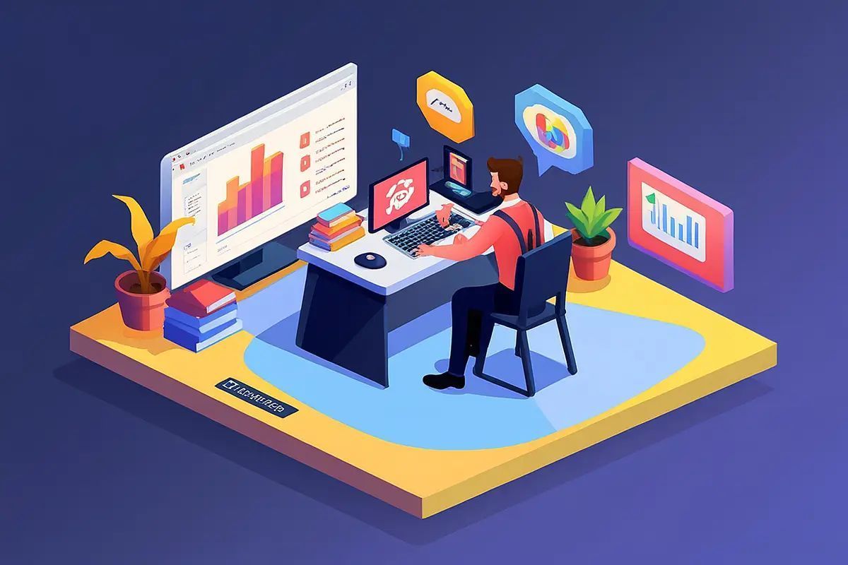 Person working at desk with monitor displaying graphs, surrounded by plants and digital icons.