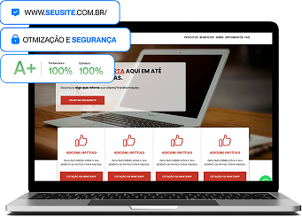 Laptop exibindo um site com um selo de segurança e notas de desempenho.