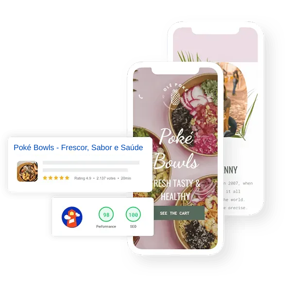 Três celulares com interface de aplicativo para comida poke.