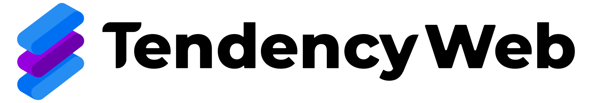 Logotipo da Tendency Web com formas empilhadas em azul e roxo e o nome da empresa.