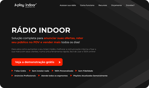 Site que promove serviço de rádio indoor; tema preto e vermelho.