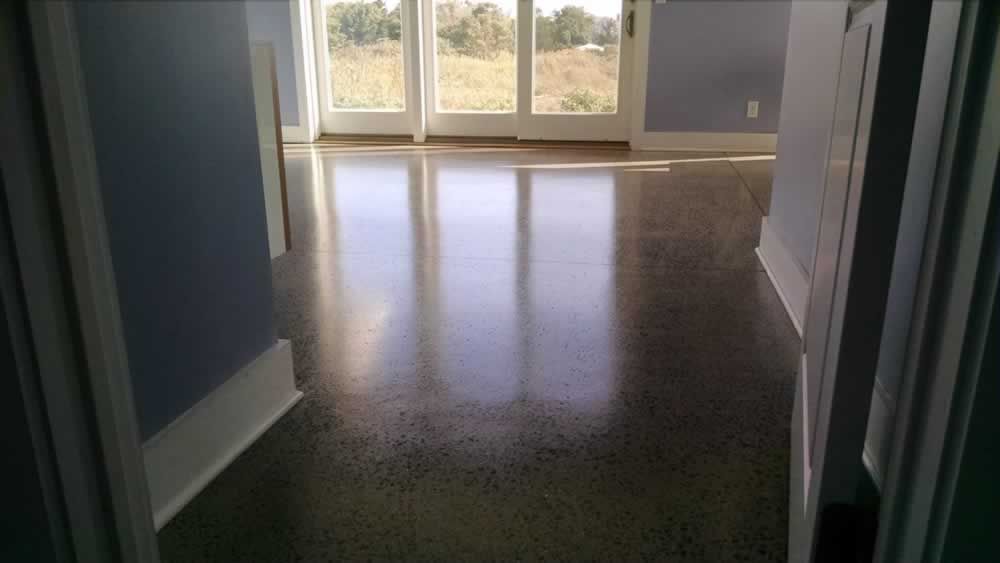 Empty room with dark glossy floor and sunlight through sliding glass doors.