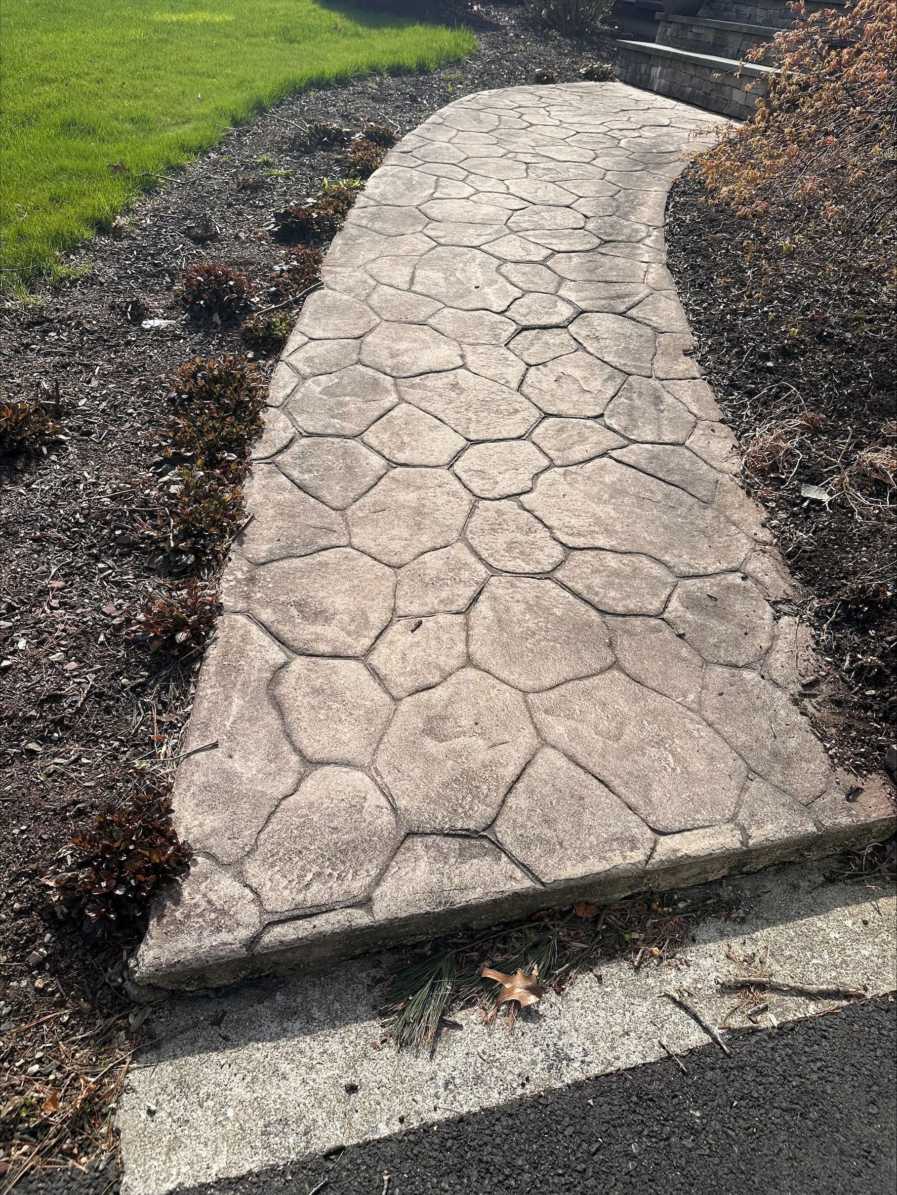 Cracked concrete garden path bordered by grass and dark mulch