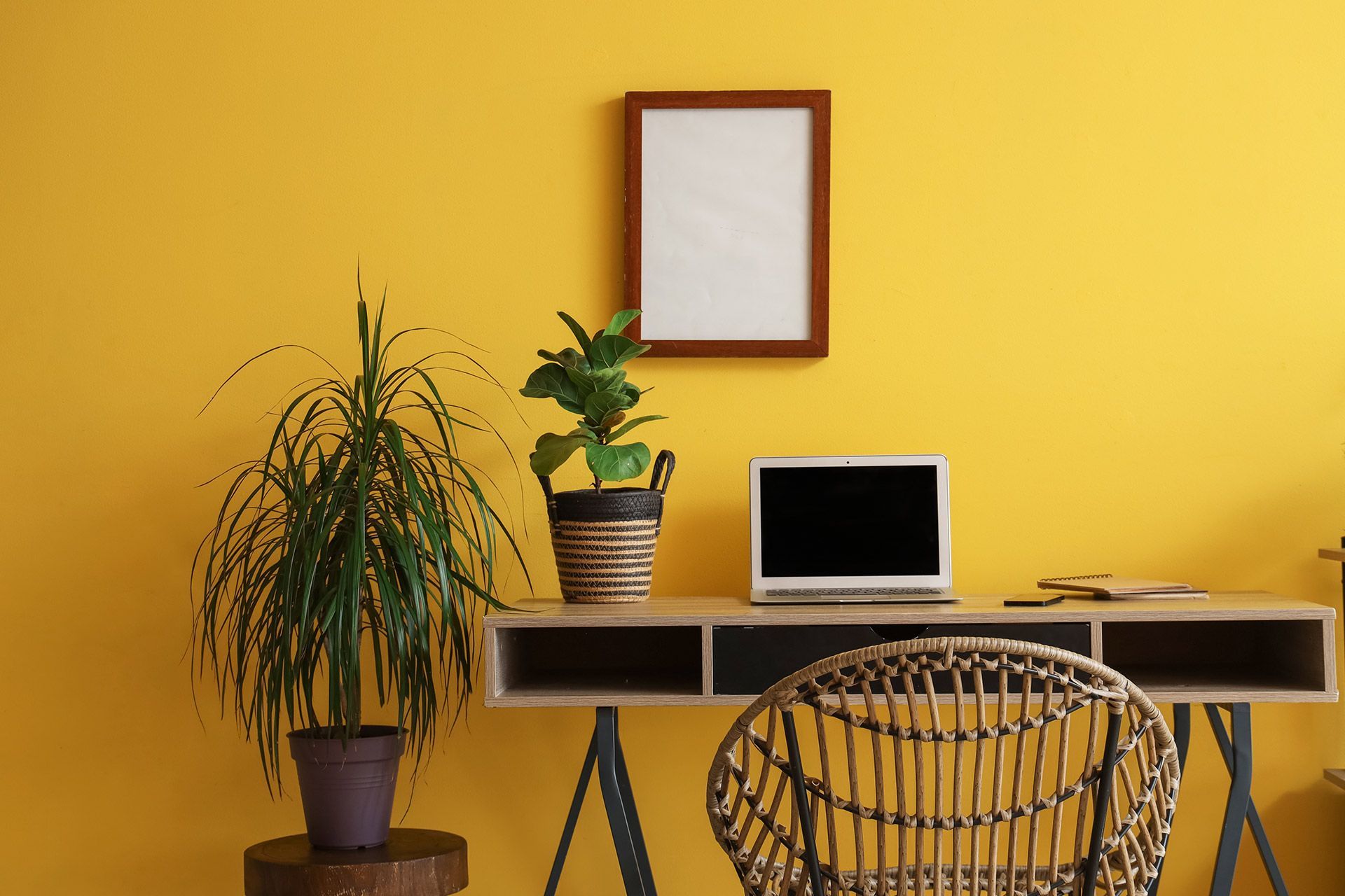 Yellow home office with desk, laptop, plants, wire chair, and framed art against a yellow wall