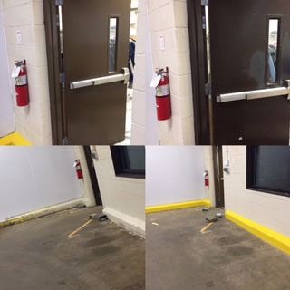 Door and floor threshold with a small gap, shown from multiple angles in a hallway.