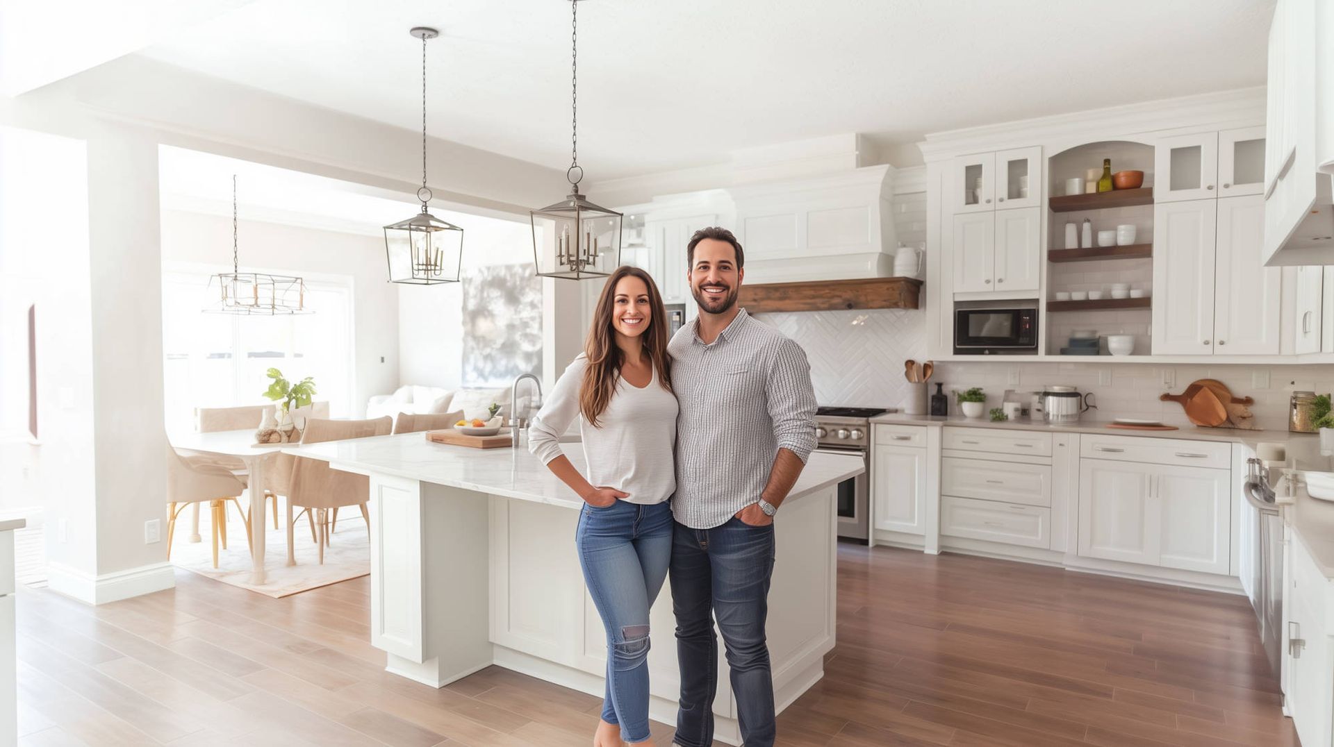 A man and a woman are standing in a kitchen in their new home.