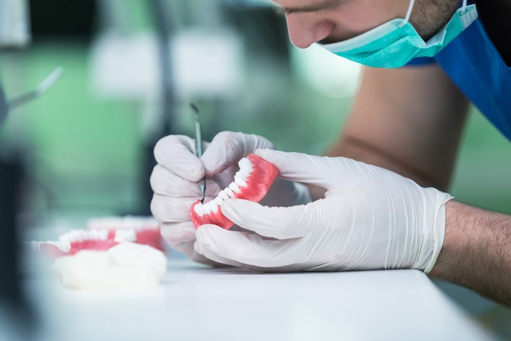 A Dentist Is Working On A Model Of A Person 's Teeth — Dental Care Smithfield In Smithfield, QLD