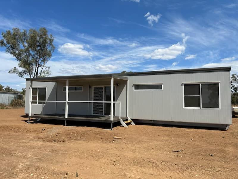 A Modern, Light Gray Modular Home With a Covered Front Porch — OSM Transportables In Dubbo, NSW