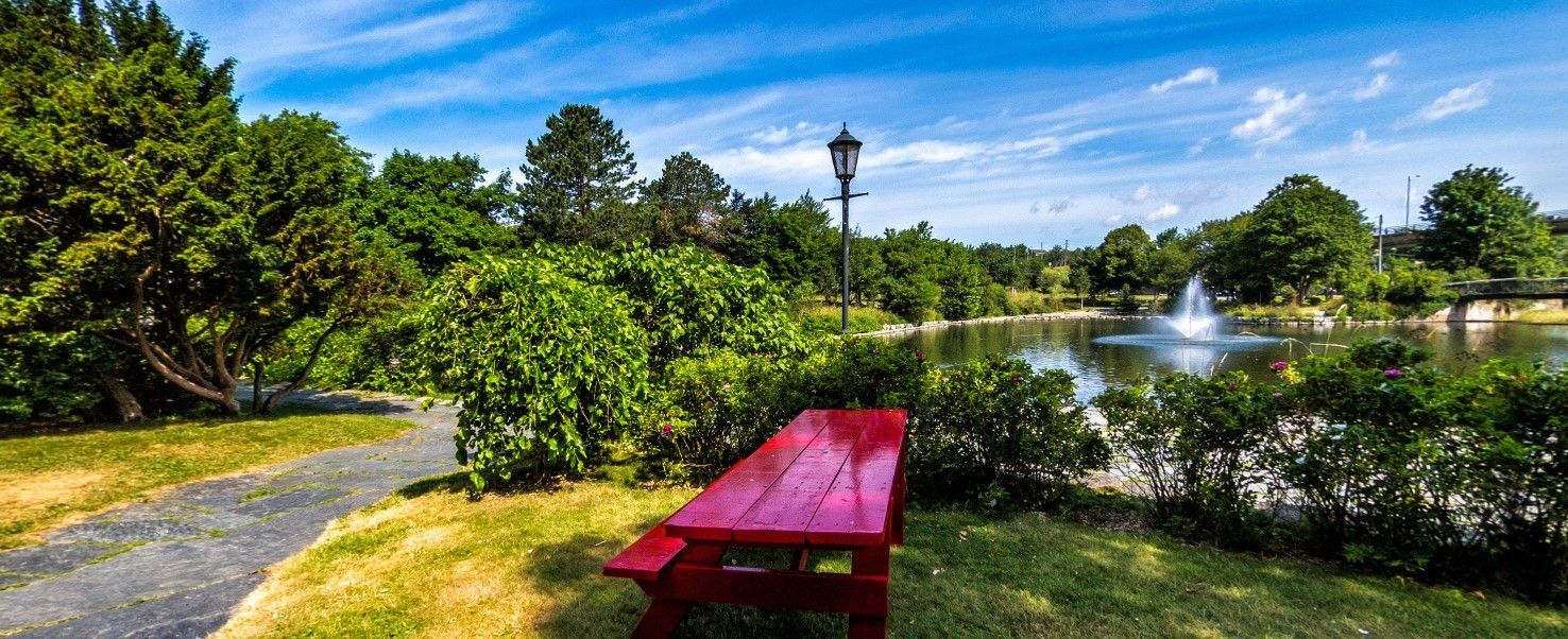 A red picnic table sits in front of a lake with a fountain and trees under a blue sky.