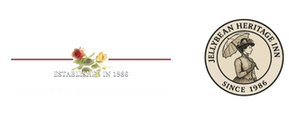 Logo of the Jellybean Heritage Inn. Includes roses with line and circle with woman in vintage dress, umbrella, and text.