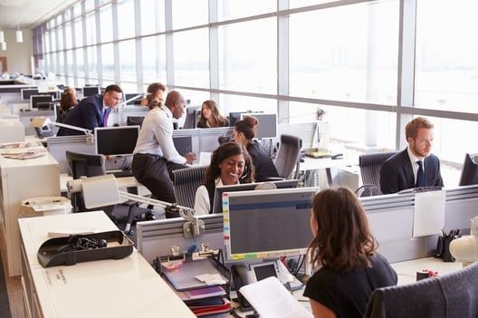 A group of people are sitting at desks in an office.