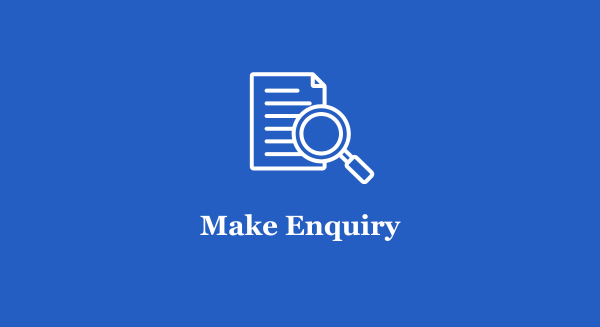 Blue background with a white icon of a document and magnifying glass, labeled
