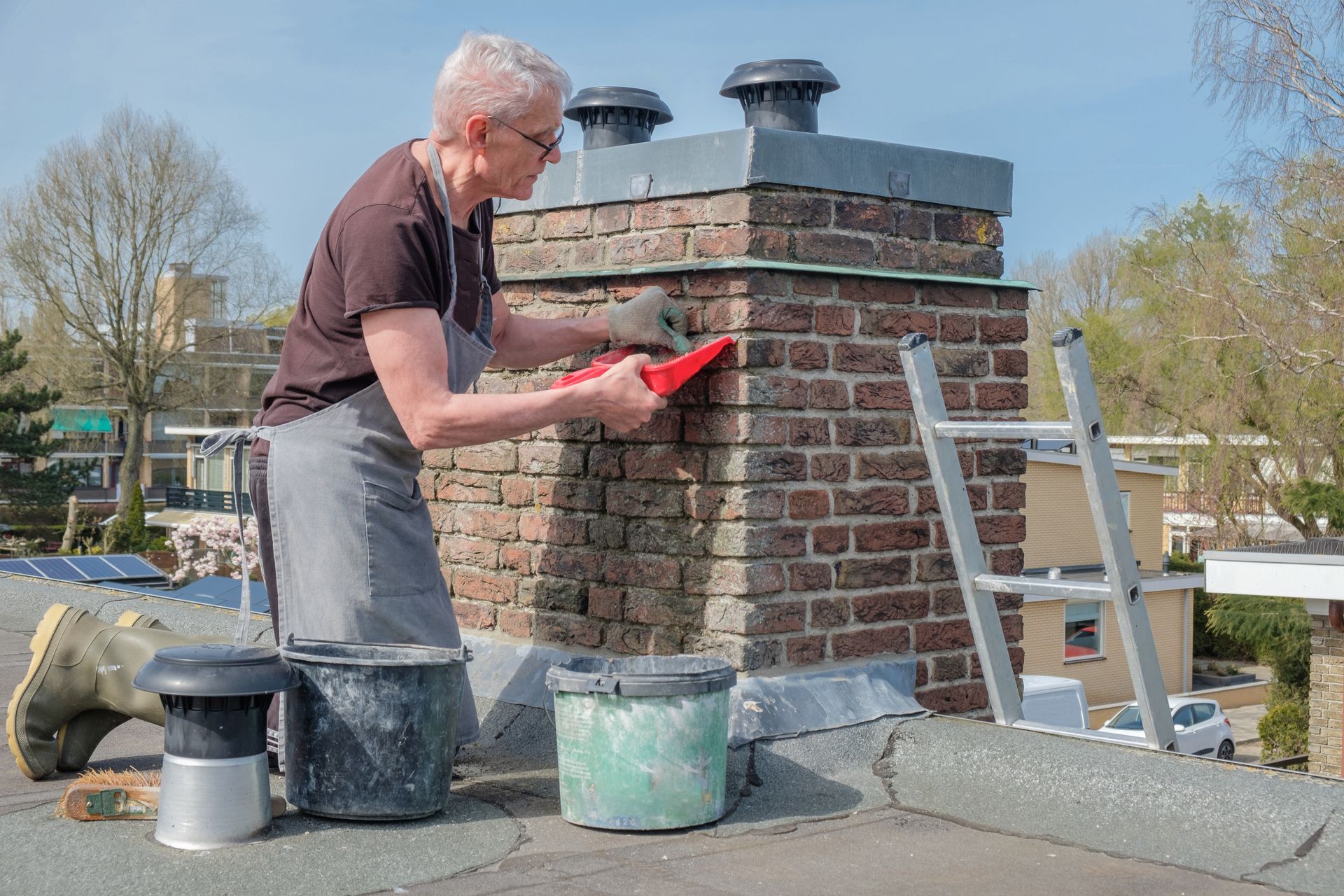 Person painting a brick chimney on a rooftop, with a ladder and paint buckets nearby.