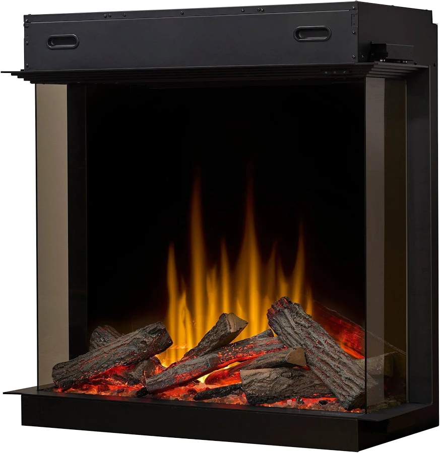 Lit fireplace with orange flames set into a brick wall on a gray hearth