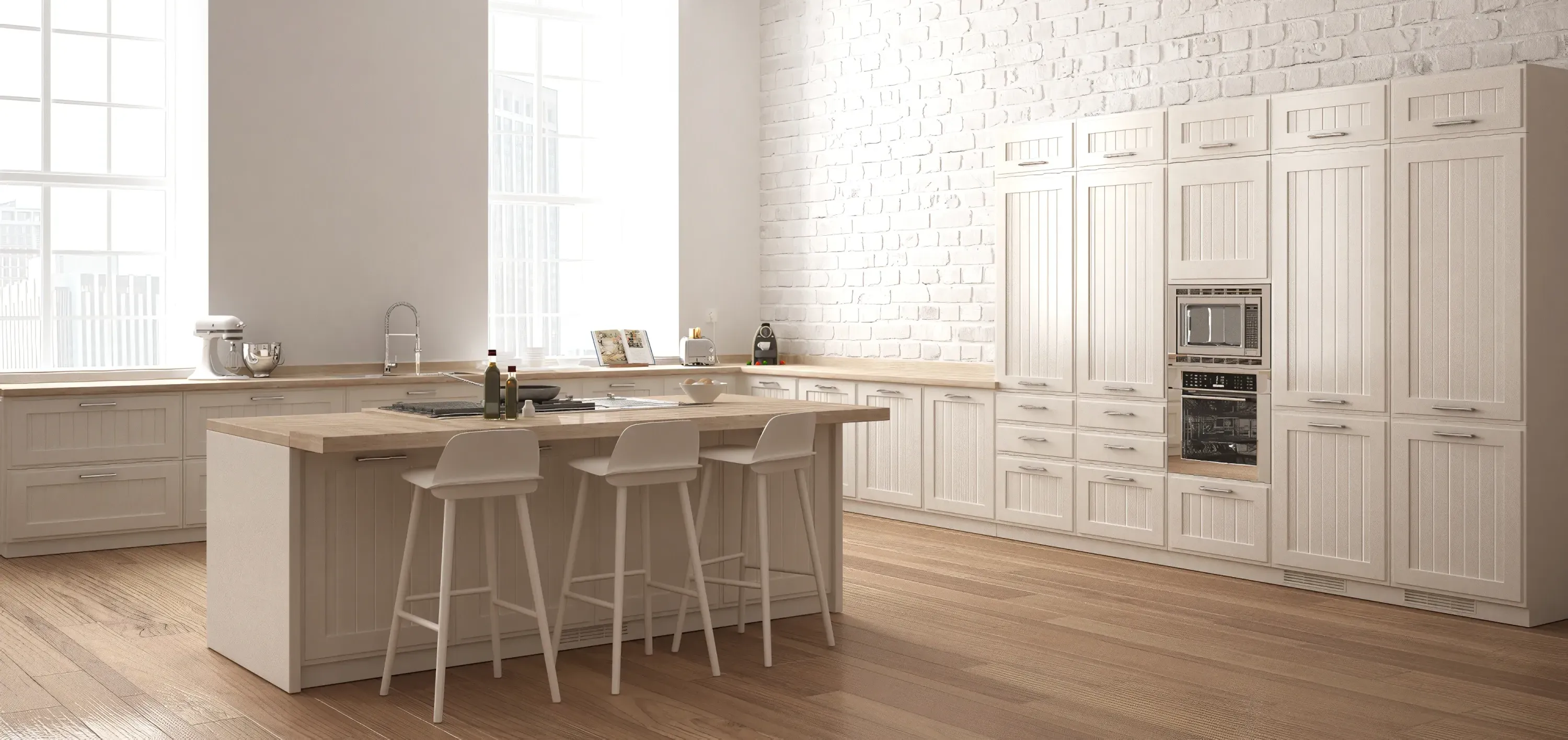 A modern kitchen with floating bench and bar stools — Hart Projects Wollongong In Dapto, NSW