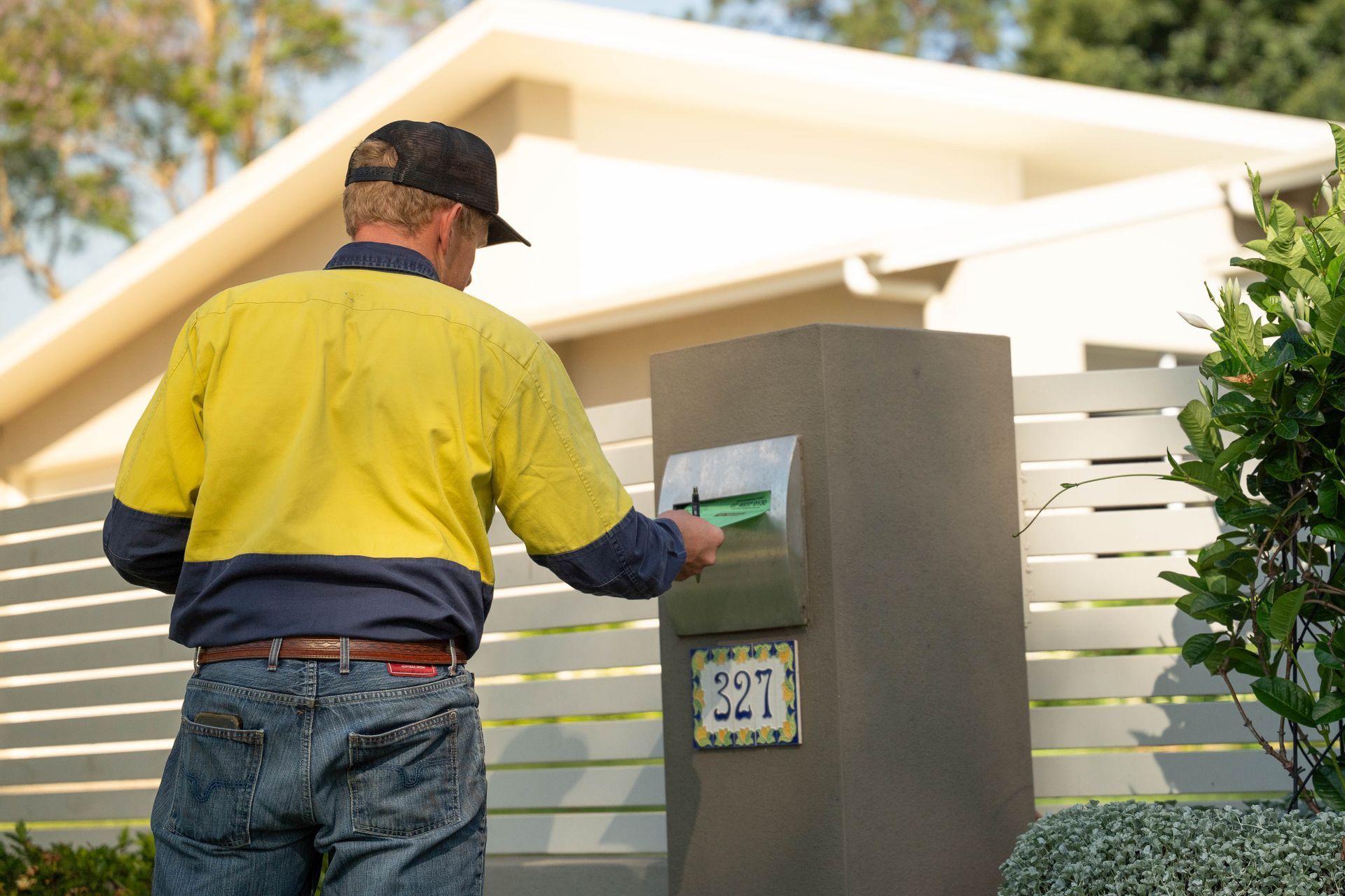 Worker in Yellow Shirt Using a Mailbox at a House Entrance — Shreks Septic Services in Gowrie Junction, QLD
