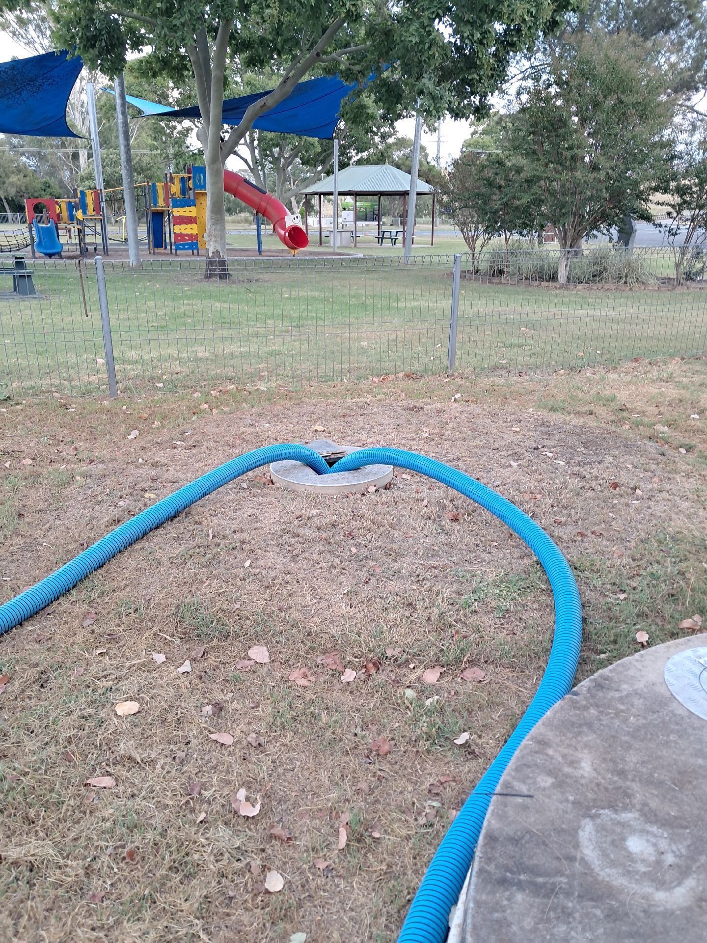 Blue Hose Coiled on Dirt Near a Park Playground — Shreks Septic Services in Hampton, QLD