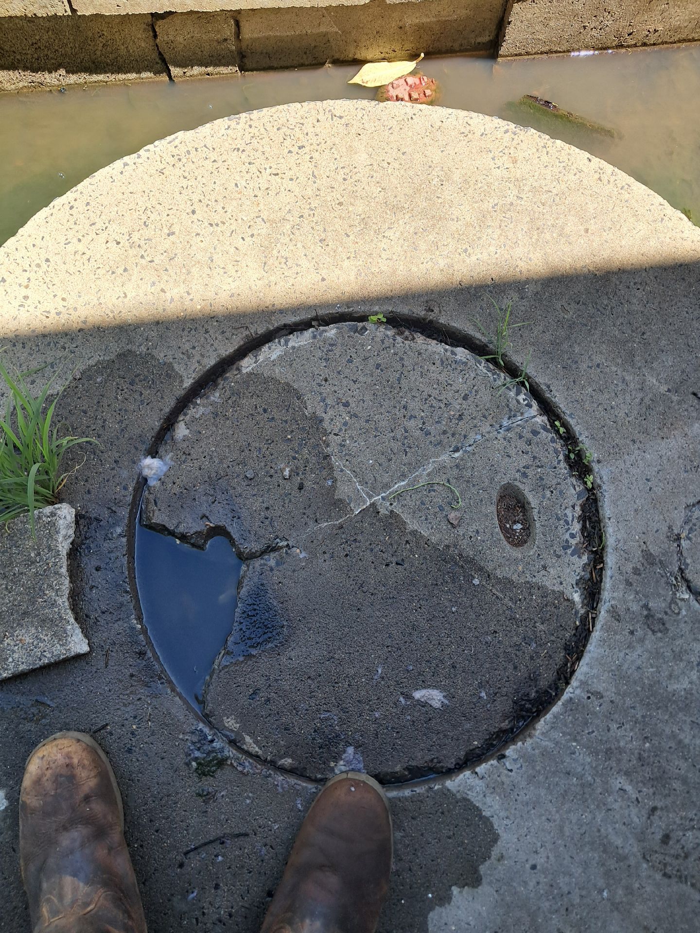 Round Manhole Cover With a Dark Wet Patch on a Sidewalk — Shreks Septic Services in Murphys Creek, QLD