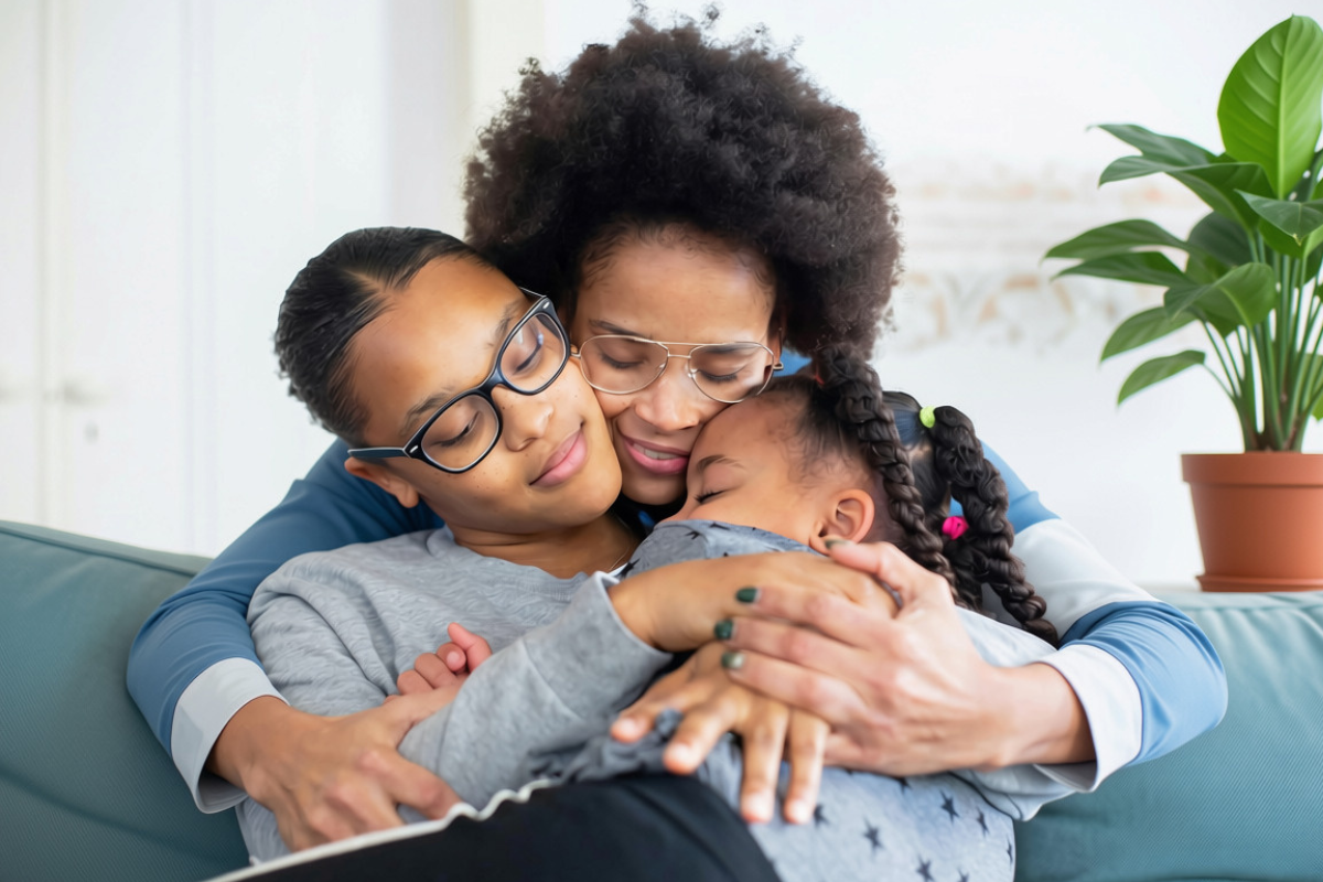 family cuddling on couch