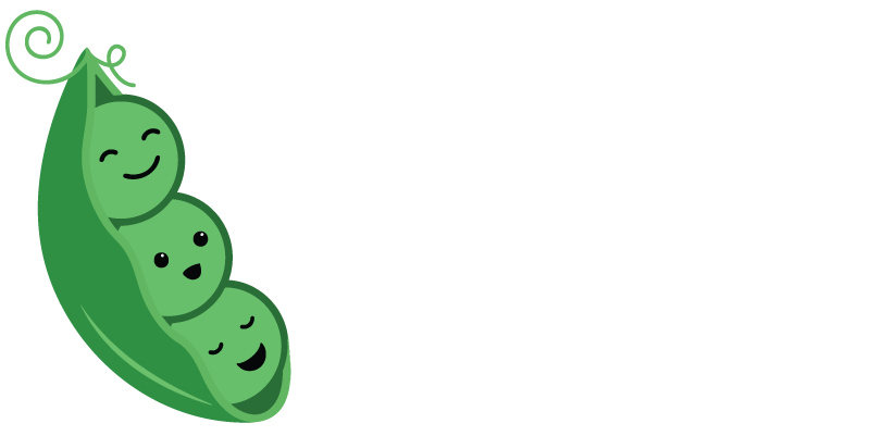 Three green peas with smiling faces in a green pod.