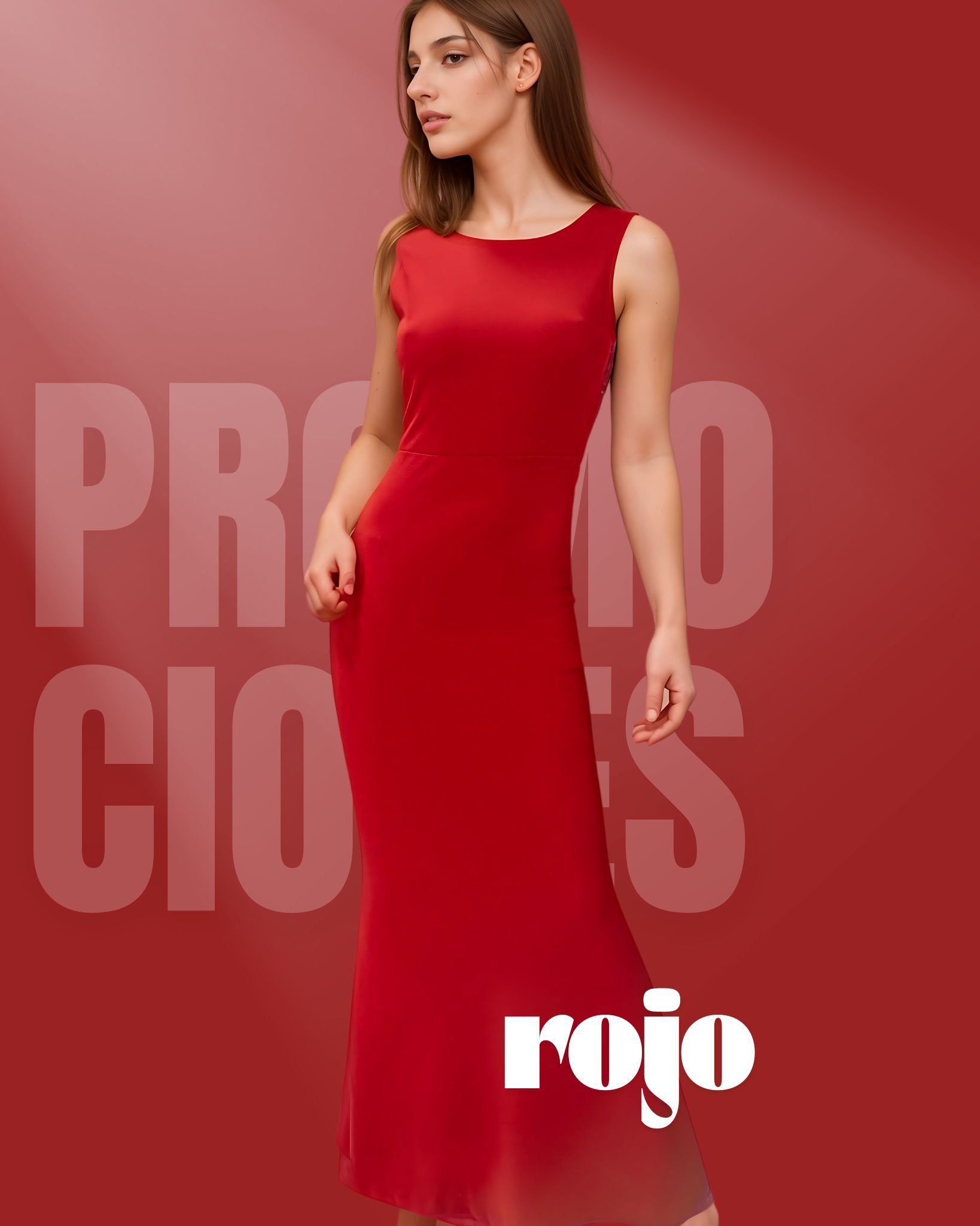 Woman in a red sleeveless gown, posing, against a red backdrop with 