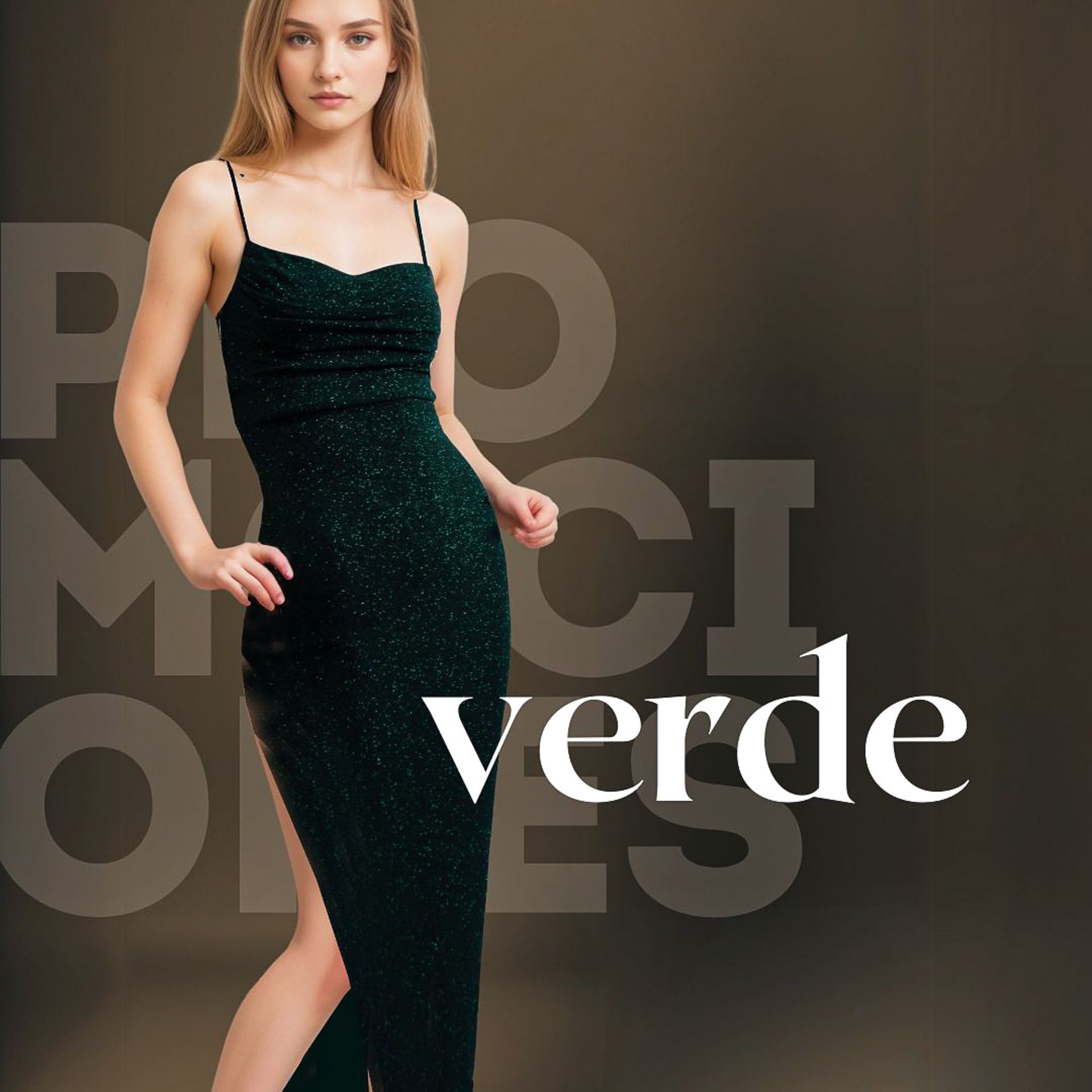 Woman in green sequined dress with text 