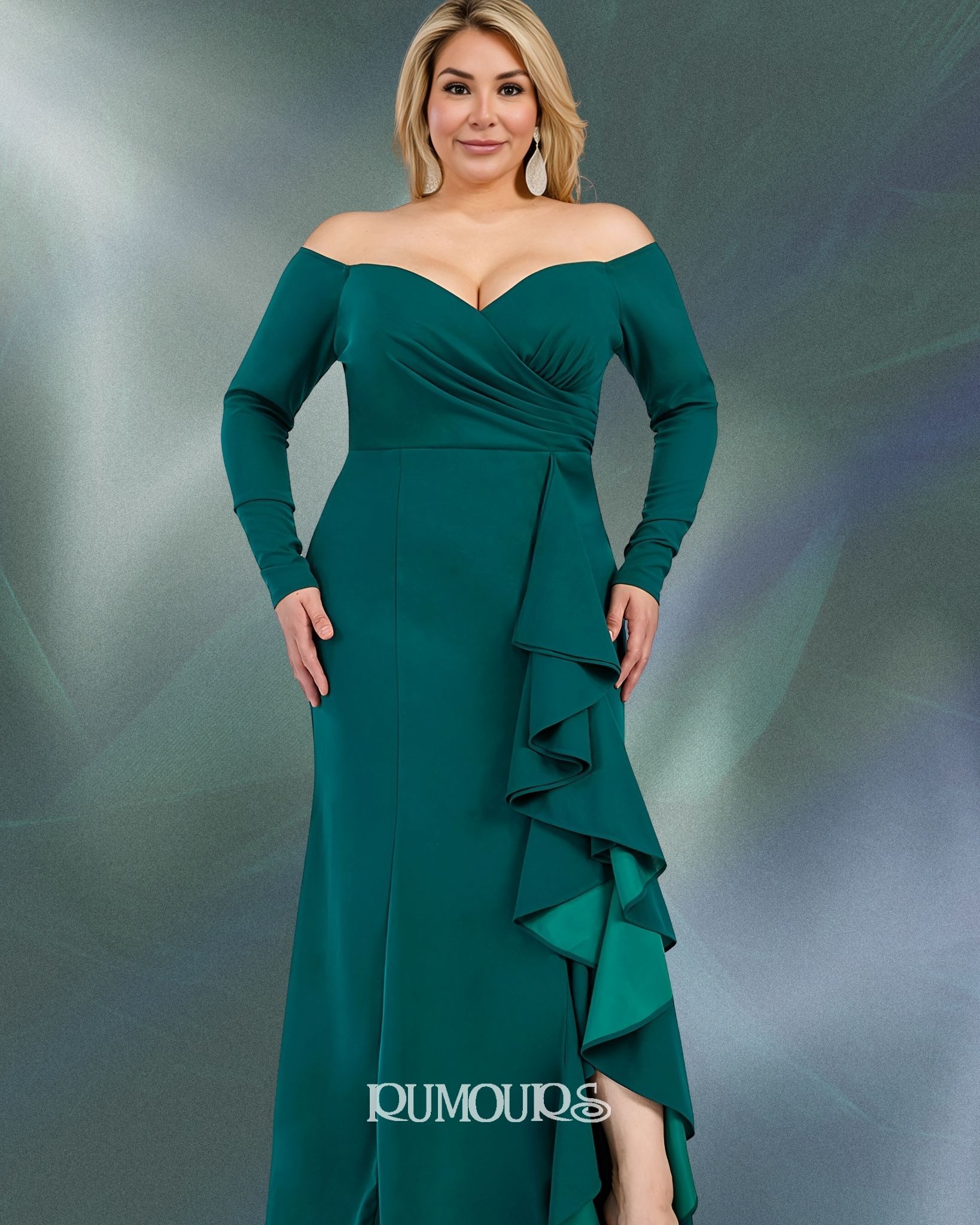 Woman in teal off-the-shoulder formal gown with long sleeves and a ruffled side panel.
