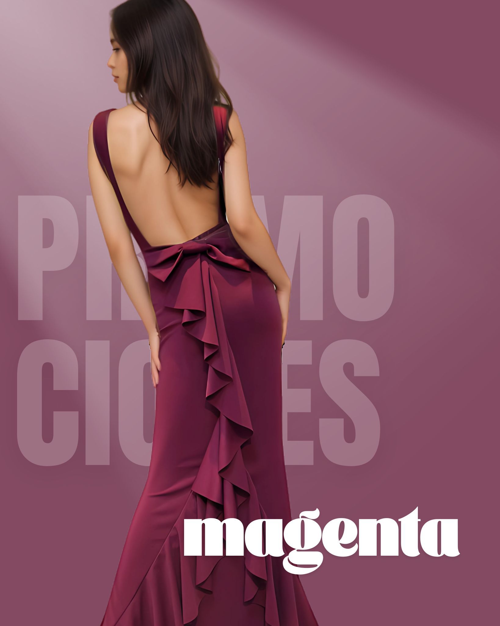 Woman in a magenta gown with a low back and ruffle detail.