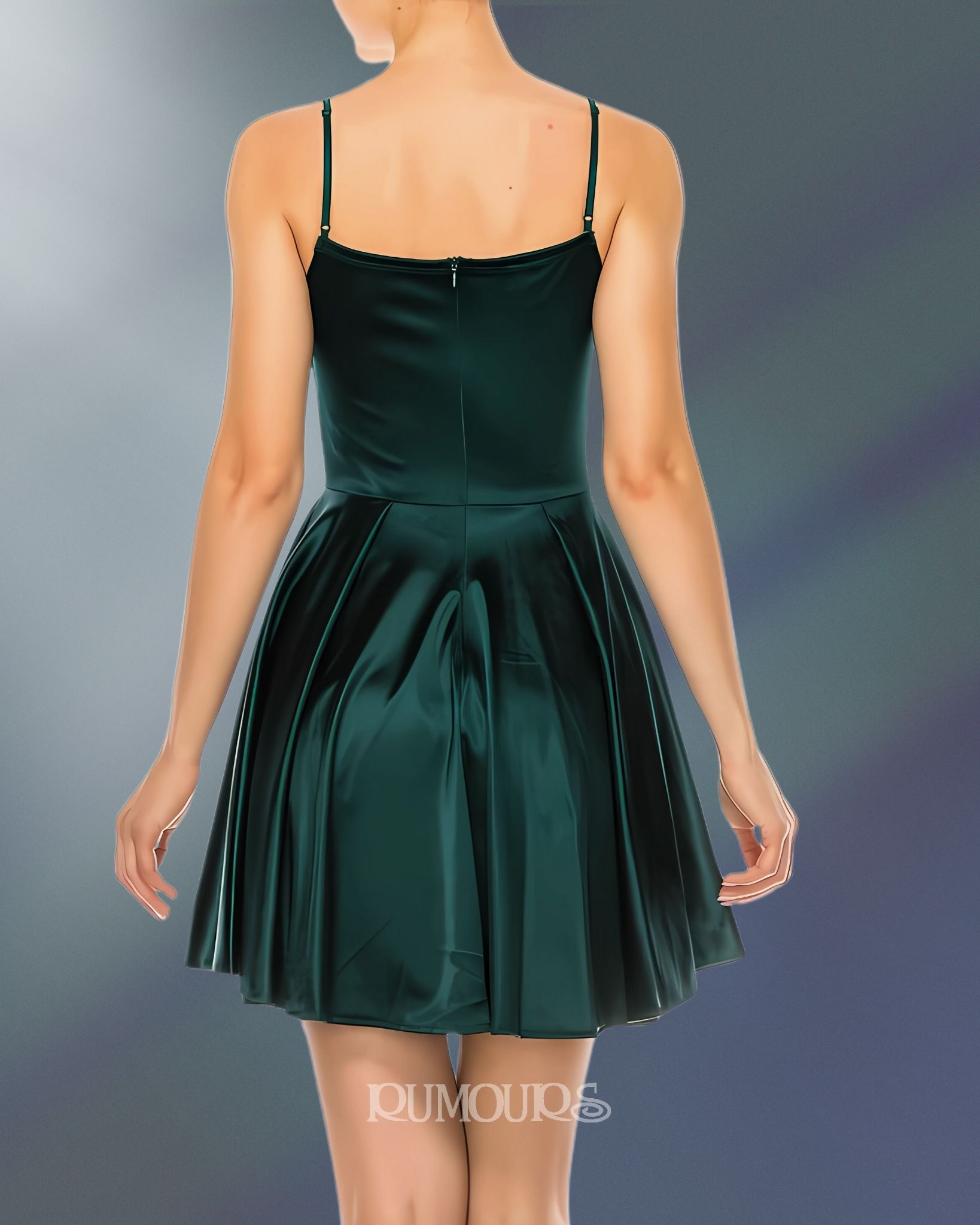 Woman in a dark green satin dress with spaghetti straps, standing against a blurred background.