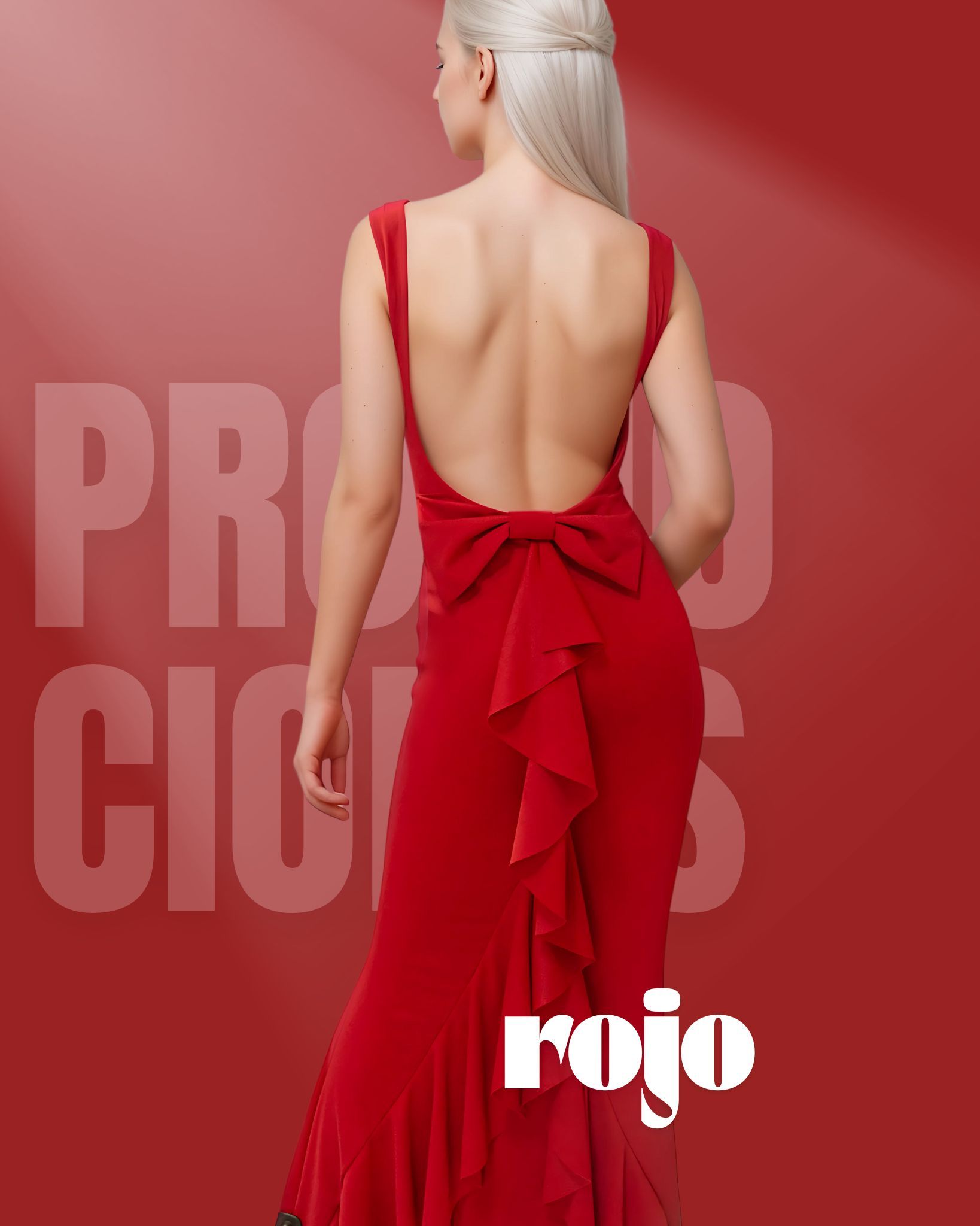 Woman in a red backless evening gown, standing with her back to the camera, against a red background.
