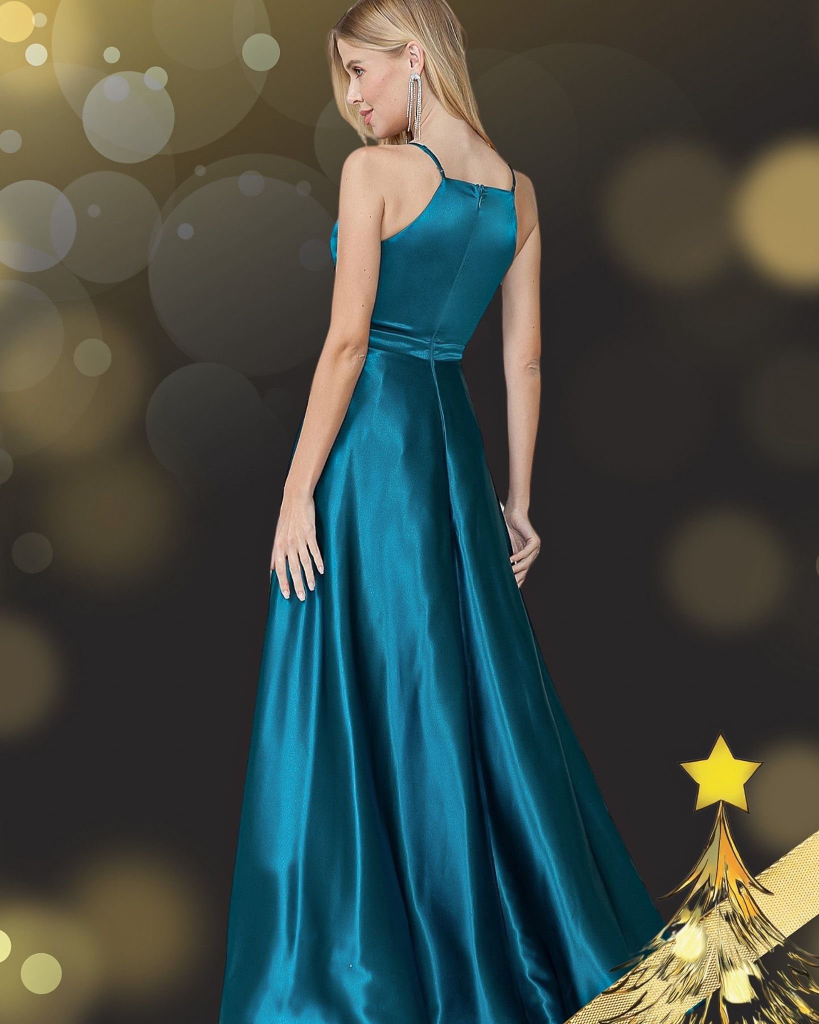 Woman in teal evening gown, looking over shoulder, in front of a blurred background with gold accents.
