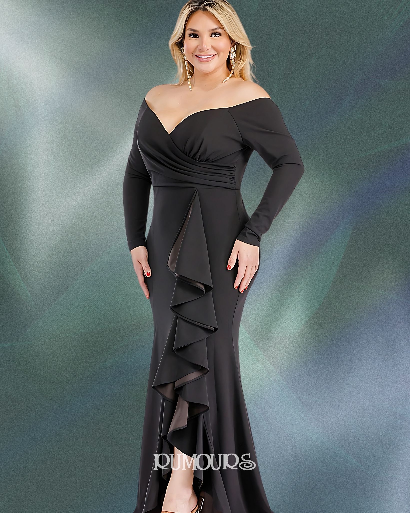Woman in black off-the-shoulder gown with ruffled side detail.