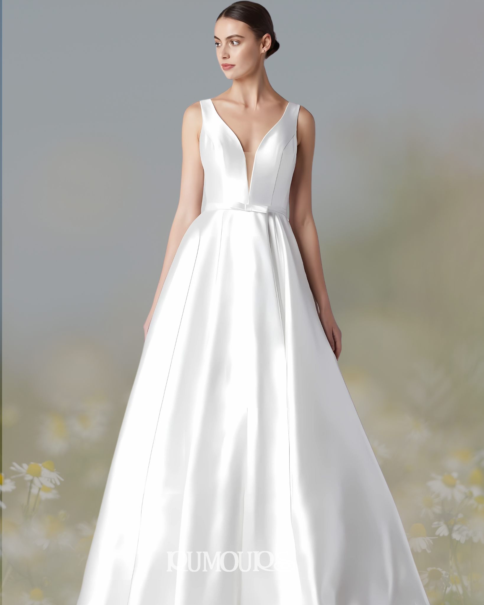 Woman in white satin wedding gown, V-neck, holding pose, daisy field backdrop.