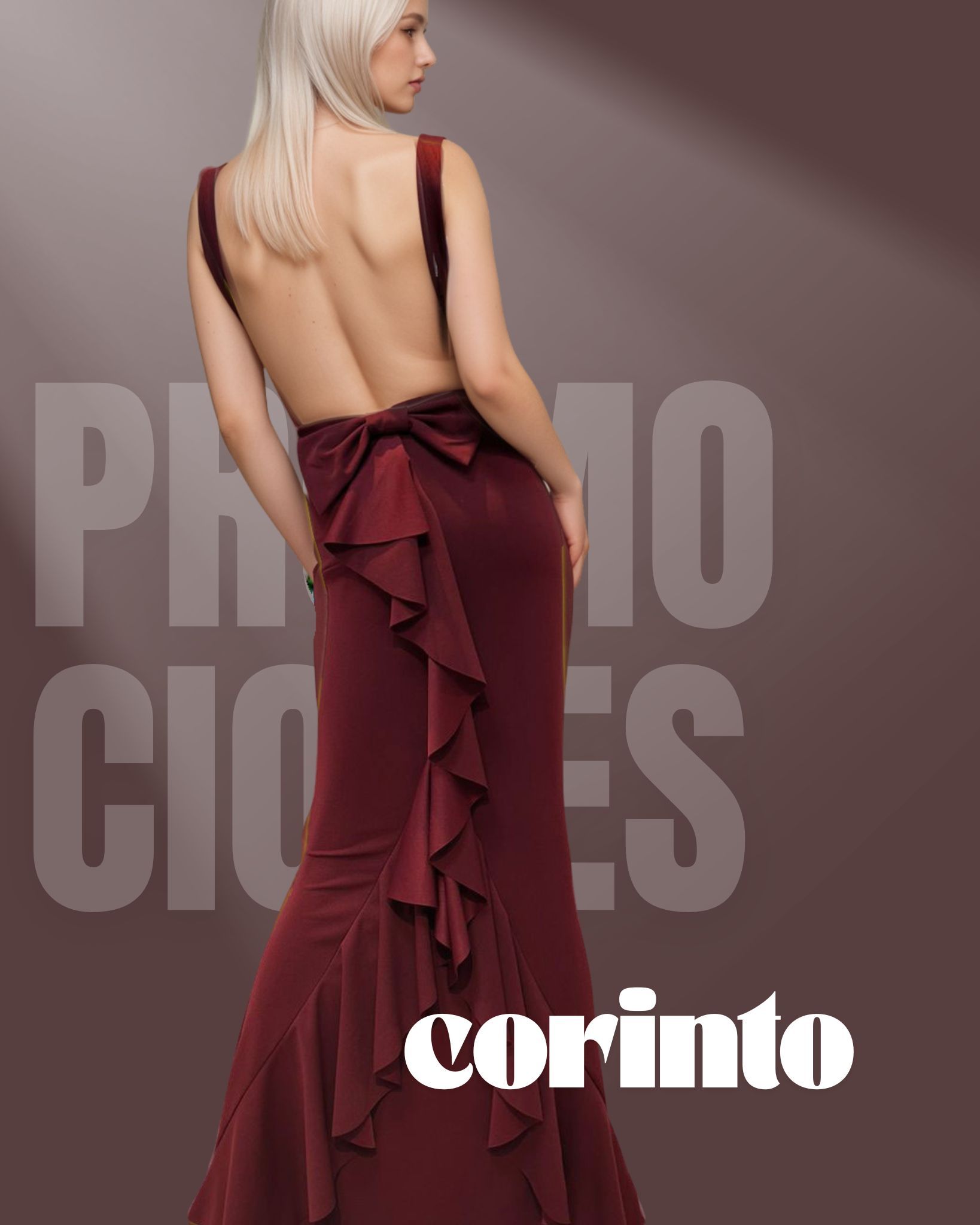 Woman in backless burgundy gown, ruffles and bow detail. 