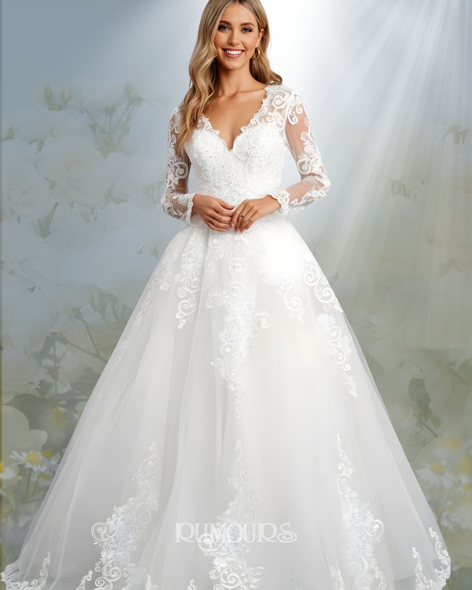 Blonde woman in white wedding dress with long lace sleeves, smiling outdoors.