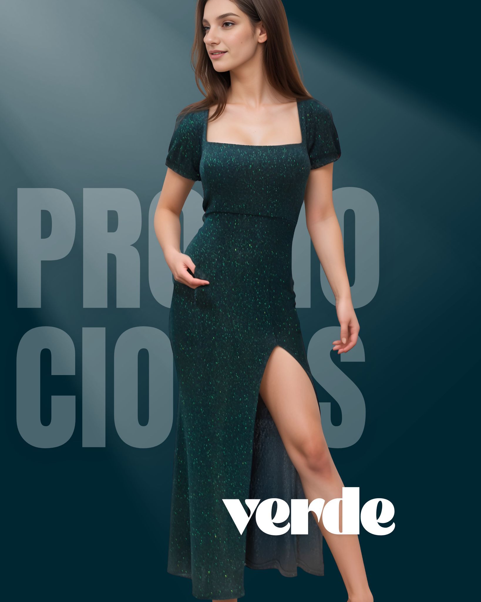 Woman in green dress with slit, square neckline, short sleeves. Text: 