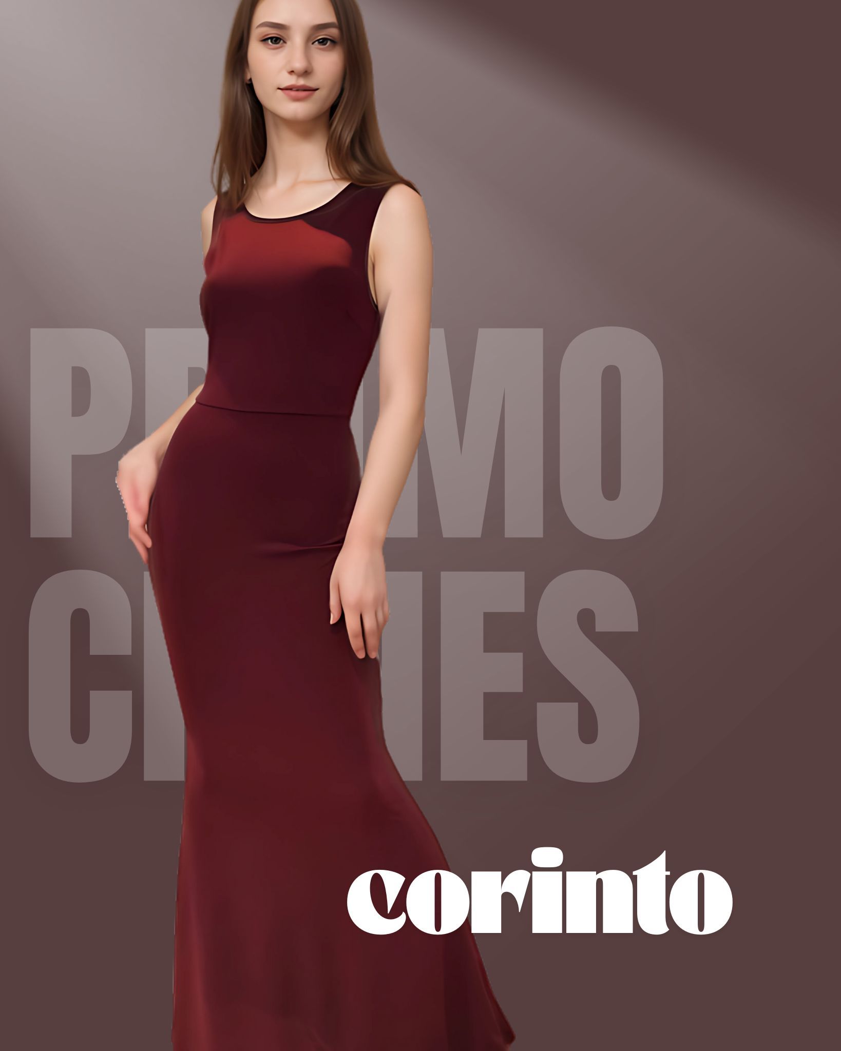 Woman in burgundy dress. Text reads 