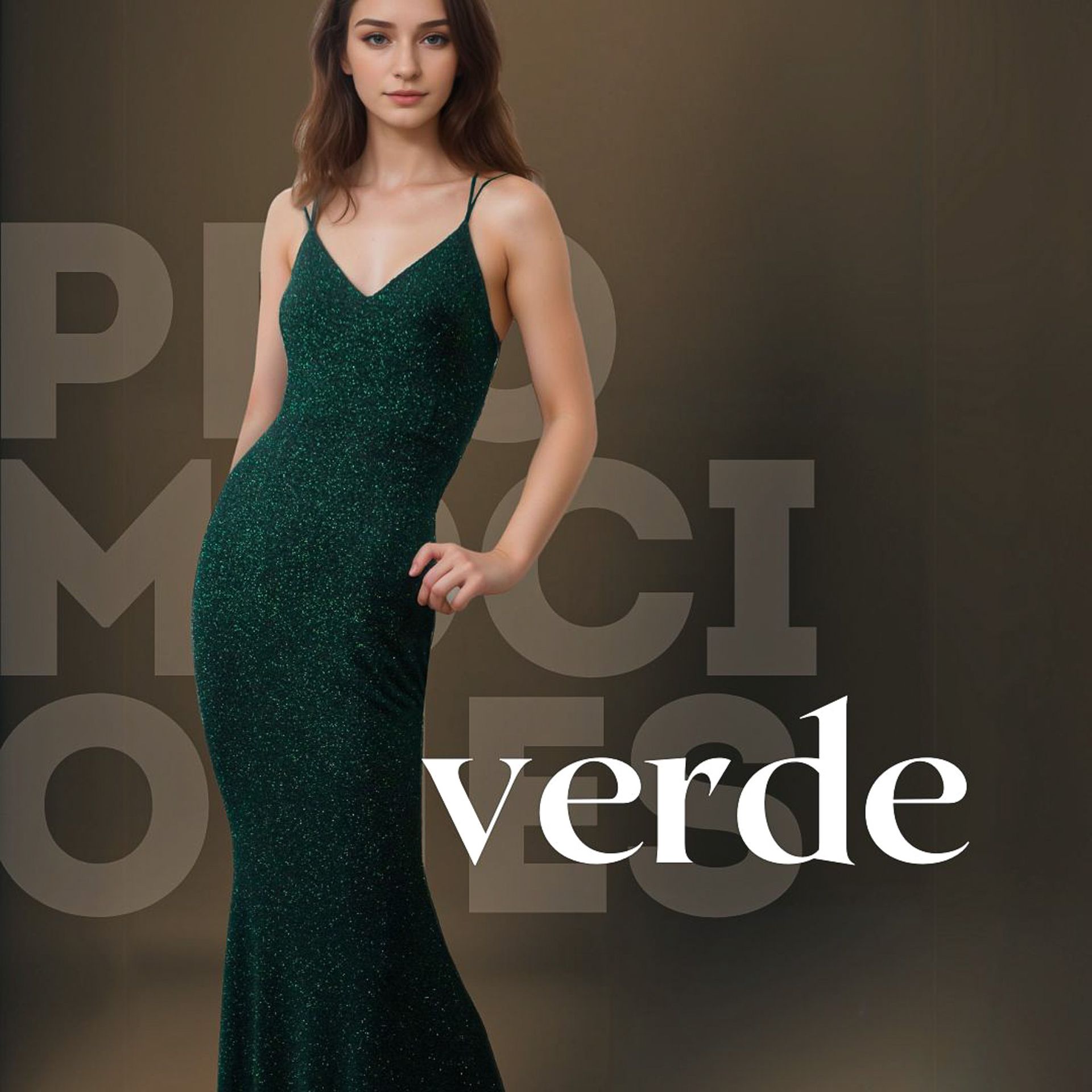 Woman in a green sequin dress, standing, text overlay 