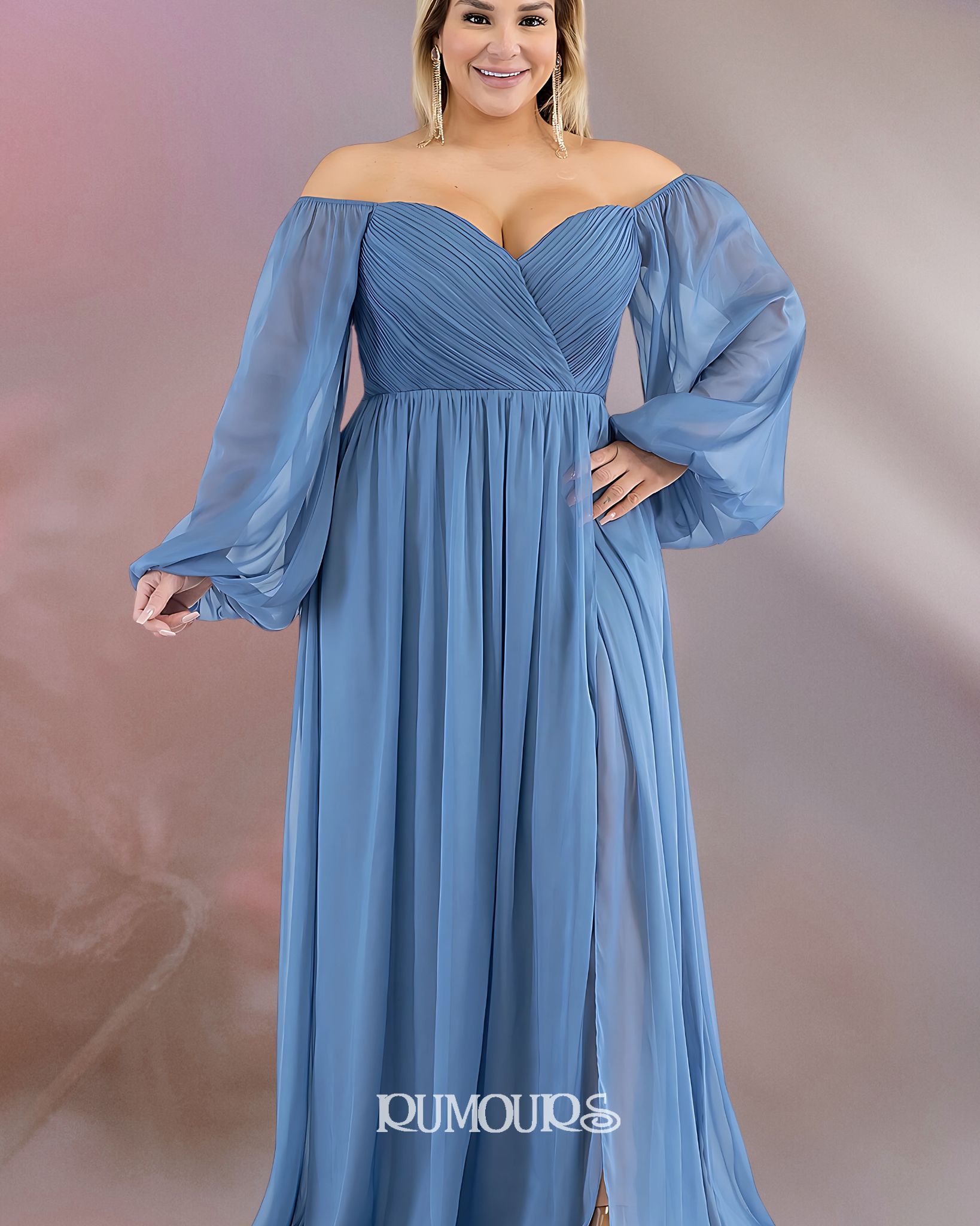 Woman in a long, off-the-shoulder blue dress with long sleeves and a high slit.