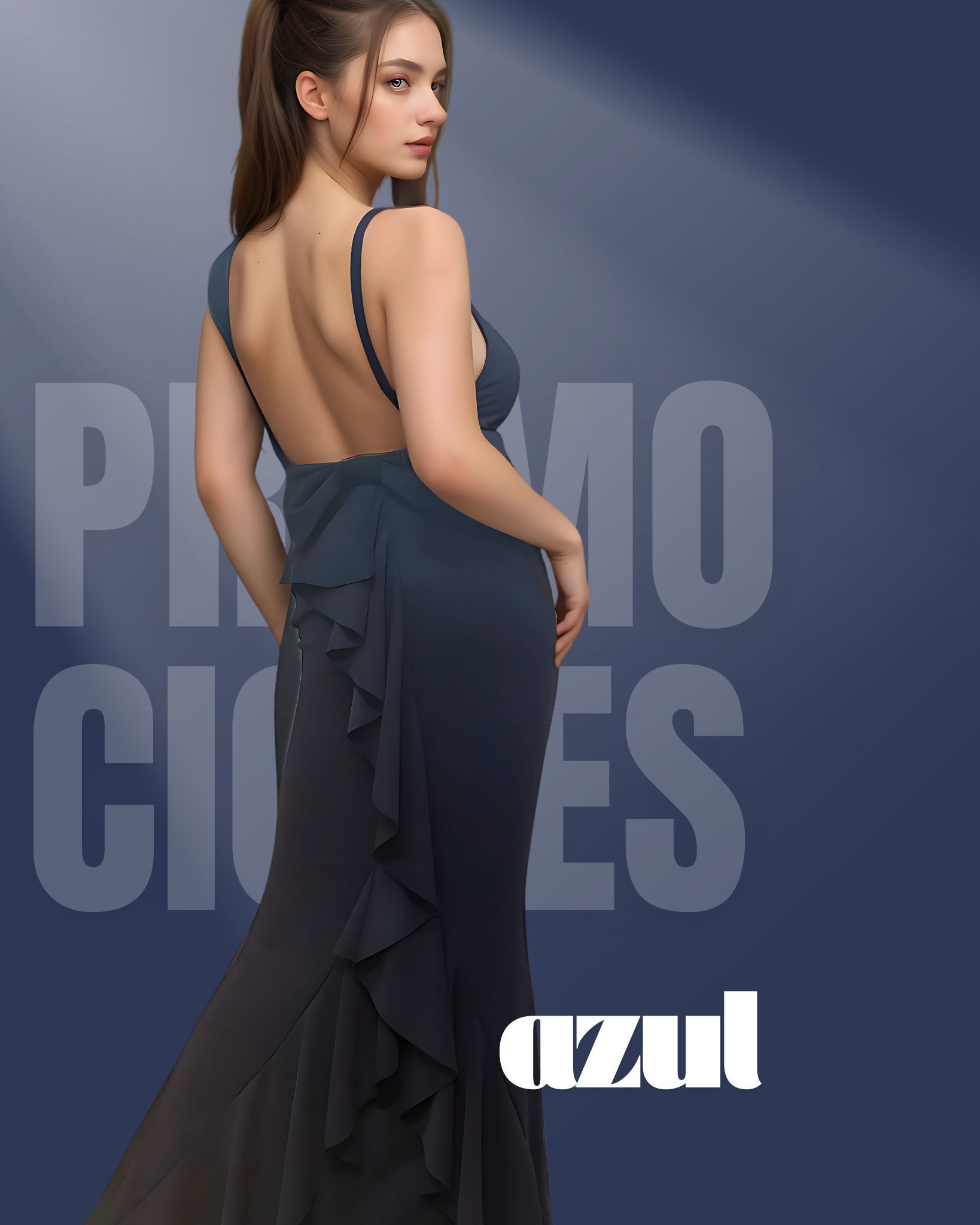 Woman in a blue evening gown with open back, text 